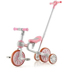 GOPLUS 4 viename daugiafunkcis triratukas mažiems vaikams, vaikiškas balansinis dviratis su reguliuojama stūmimo rankena, 2 lygių sėdynės aukščiu ir apverčiama vaira, balansinis dviratis berniukams ir mergaitėms (rožinis)