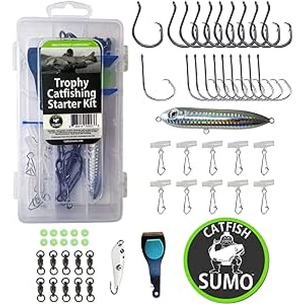 Complete catfish fishing set - trophy catfishing set with 8/0 circle hooks, storage box, sinker slider, knot protector, swirl, rattle line float, tongs and sticker