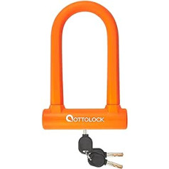 OTTOLOCK SIDEKICK Compact U-Lock velosipēda slēdzene 7 cm x 14,5 cm, sver tikai 750 g un ir oranžs ar silikona pārklājumu