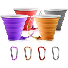 SENHAI 4 Pack Collapsible Travel Cups with Lids Portable Silicone Multifunctional Retractable for Hiking Camping Picnic with 4 Carabiner Hooks, 4 Colors