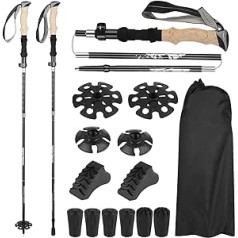 Hiking Poles, Trekking Poles, Foldable Telescopic Nordic Walking Poles for Men and Women, Ultralight and Stable, Adjustable 105-135 cm, Includes 4 Attachments for Any Terrain and Storage Bag