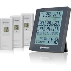 Bresser Quadro Neo Wireless Weather Station with Outdoor Sensor with Weather Forecast, Air Pressure Measurement, Alarm Clock and 3 Outdoor Sensors for Temperature and Humidity, Grey