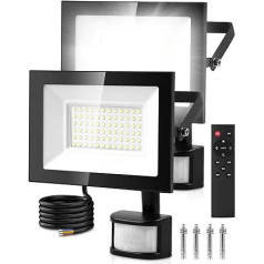 LED Strahler mit Bewegungsmelder Außen, 50W 5000LM Scheinwerfer mit Fernbedienung, IP66 Wasserdicht LED Fluter, 6500K Kaltweiß Superhell LED Außenstrahler für Garten, Innenhöfe, Garage - 2 Stück