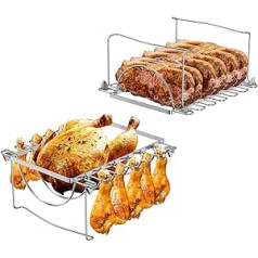 3 in 1 Grill Rib Stand & Chicken Leg Holder, Smoker Accessory Rack for 1 Whole Chicken, 12 Slots Chicken Leg, 6 Large Ribs, Stainless Steel Turkey Rack for Oven Smoker & Grilling