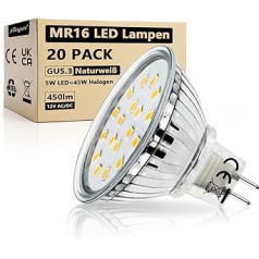 Allesgute GU5.3 MR16 LED spuldze neitrāli balta 5 W Nomaiņa 45 W 50 W halogēnās spuldzes 450 lm LED prožektors 12 V maiņstrāvas/līdzstrāvas vieta ar GU 5.3 ligzdas LED spuldzi, komplektā 20