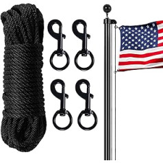 BMFTRRI Fahnenmast-Seil-Set, 15,2 mx 0,6 cm Durchmesser, Halyard-Seil mit 4 drehbaren Karabinerhaken aus Zinklegierung, Outdoor-Fahnenmast, Hardware-Zubehör, Camping-Seil, Wäscheleine, Hundeleine,