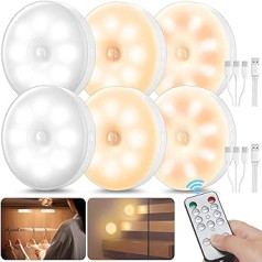 Daphomeu Indoor Motion Sensor with Remote Control, 3 Colours Cabinet Lighting, Rechargeable USB Lamp, Wireless LED Night Light for Hallway, Stair Lighting, Children's Room (Pack of 6)