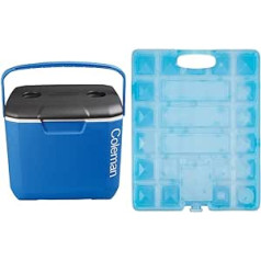 Coleman Cool Box 30QT veiktspējas dzesētājs, 28 litru ietilpība, liela augstas veiktspējas dzesēšanas kaste, ledus kaste dzērieniem, Blue & Campingaz Camping Kitchen Freezpack (3 x 20 x 26 cm), zils