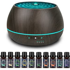 500 ml Aroma Diffuser for Essential Oils, Contains 10 Essential Oils, 23 dB Silent Fragrance Oil Diffuser with 7 Colour Lights, BPA-Free, 4 Timers, Automatic Shut-Off
