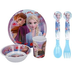 Frozen II Characters 5 daļīgs krāsains BPA nesaturošs melamīna ēdamistabas komplekts — šķīvju, bļodu, krūzes, karotes un dakšiņas galda piederumu komplekts bērniem (Frozen II)