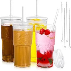 GGSTDDUP Glasbecher mit Deckel und Glasstrohhalmen, Borosilikatglas, großes Fassungsvermögen, Glas-Trinkhalm-Becher mit 4 Strohhalmbürsten für Saft, Smoothie, Wasser, Getränke, 4 Stück