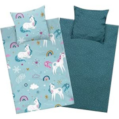 Aminata vaikams Unicorn Patalynė 135 x 200 cm Flannelette Girls Flannel Cotton Petrol with Rainbow - Vaikiškas apverčiamas patalynės komplektas - Užtrauktuku | ÖkoTex | Vienaragis | Arklio gyvūno motyvas