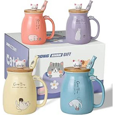 Set of 4 Cute Cat Mugs, Ceramic Coffee Cups with Lovely Kitty Lid, Novelty Morning Tea Milk Cup Set for Women, Christmas Birthday Gift Cup 450 ml (4 Pieces, Blue, Pink, Purple, Yellow)