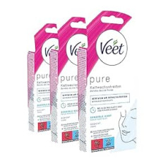 Veet PURE šalto vaško juostelės – tinka jautriai odai – Naudojimas veidui – Iki 28 dienų lygiai odai – 3 x 20 dvigubų juostelių