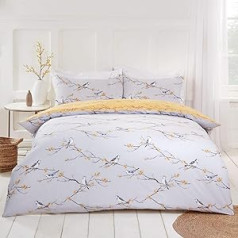 DREAMSCENE Wendebettwäsche-Set mit Blumenmotiv, Grau-Ockergelber Vogel-Aufdruck, Einzelbett