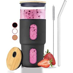 900ml Glass Tumbler with Straw and Bamboo Lid with Silicone Sleeve, Reusable Boba Smoothie Cup, Fits Cup Holder, Glass Water Bottle, BPA Free, Beer Mug and Stone Black