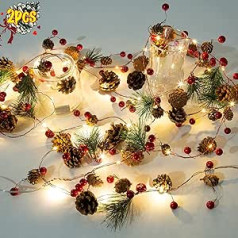 LAWOHO Pack of 2 Artificial Christmas Garland with Lights - Battery Operated 6.56 ft Pre-Lit Garland with 20 LED Lights, Red Berries, Pine Cones, Pine Needles Decor for Christmas Home