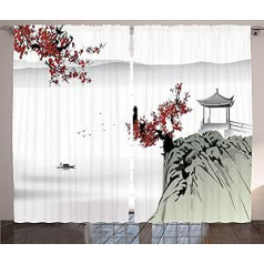 ABAKUHAUS Asian Rustic Curtain, Cherry Blossom and Boat, Bedroom Ruffle Tape Curtain with Loops and Hooks, 280 x 175 cm, Ruby Grey