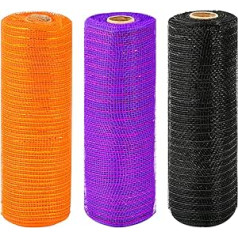 NAUZE 3 Rolls 10 Inch x 10 Yards Halloween Poly Mesh Ribbon Decorative Mesh Ribbon Metallic Foil Ribbon Black Orange Purple Ribbon for Halloween Wreaths Craft Garland Decoration (Black, Orange,