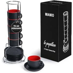 MIAMIO - 6 x 75 ml Espresso tasīšu komplekts/Espresso tasīšu komplekts ar apakštasīti un statīvu - Kafijas tasīšu komplekts no 6 keramikas kafijas tasītēm - Le Papillon Collection (sarkans)