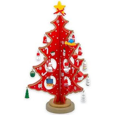 Wooden Christmas Tree with Miniature Pendants, Gift Christmas Decoration Table Decoration Artificial Christmas Tree (Red - 26 cm)