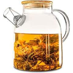 Cosumy Glass Teapot 1.5 Litres with Bamboo Lid - Filter in Spout - For Hot and Cold Drinks - Dishwasher Safe, Transparent