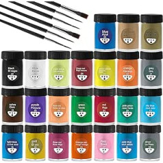 Acrylic Paint Set with Acrylic Paints on Waterproof for Stones, Wood, Paper and Canvas, Acrylic Paint Set for Children, Adults, 24 x 25 ml Pigment + 6 Brushes