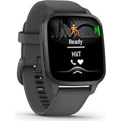 Garmin Venu Sq 2 GPS fitnesa viedpulkstenis ar 1,4 collu AMOLED displeju, miega analīzi ar miega rādītāju un vairāk nekā 25 sporta lietotnēm. Diennakts veselības dati, Garmin Pay, akumulatora darbības laiks līdz 11 dienām un ūdensnecaurlaidīgs