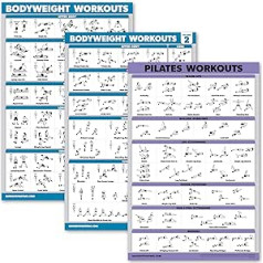 3 komplekti: ķermeņa svara treniņu plakātu 1. un 2. sējums, Pilates vingrinājumu plakātu komplekts — 3 treniņu diagrammas (laminātas, 18 x 24 collas)