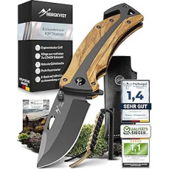 Bergkvist® folding knife, K29 titanium, 3-in-1 pocket knife, one-handed knife with wooden handle, outdoor knife for camping and hiking, hunting knife and survival knife with belt bag and sharpening stone