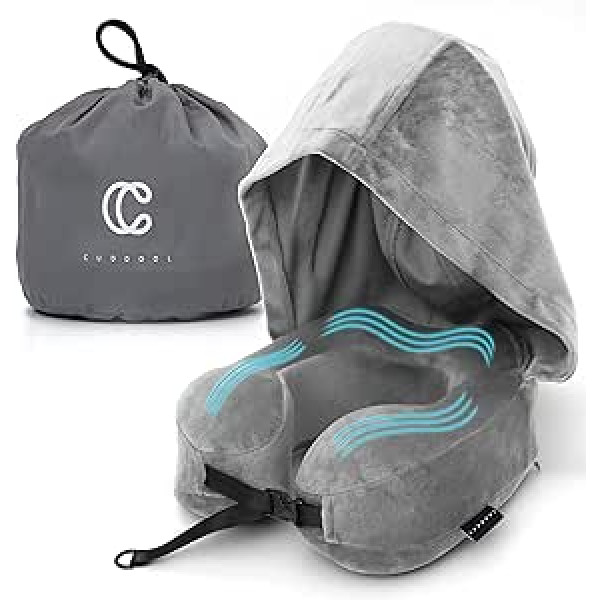 Cuddool Travel Pillow, Memory Foam Neck Pillow for Travel, Airplane, Essentials for Airplane, Airplane, Accessories, Airplane, Car, Sleeping, Portable Hood, Hooded Pillow, Grey