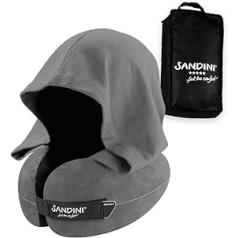 Sandini TravelFix® Regular Size - Premium Travel Pillow with Fastener/Neck Cushion with Ergonomic Support Function - Available with Outlast® Technology - Free Transport Bag with Attachment Clip Grey