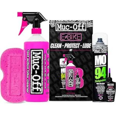 Muc Off eBike Clean, Protect & Lube komplekts — nepieciešamie elementi jūsu e-velosipēda tīrīšanai, aizsardzībai un eļļošanai — iekļauts Muc-Off velosipēda tīrīšanas līdzeklis, MO-94 un ķēdes smērviela, viens izmērs