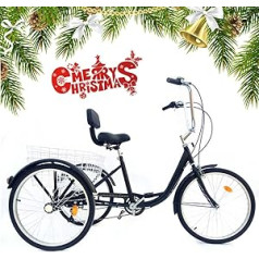 24 Inch Black Tricycle for Adults with Basket + Backrest, 6 Speed Adult Tricycle City Bikes with Mudguards, Gift