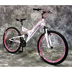26 Inch Scarlet MTB Full Suspension with 21 Speed Shimano Derailleur Gear New 2640 White/Pink