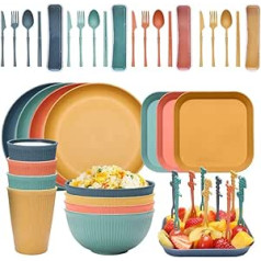 Unbreakable Tableware Set for 4 People Camping Plates and Bowls Plastic Picnic Tableware Sets Lightweight Colorful BBQ Serving Plates Bowls Cups Cutlery Set Forks Tableware