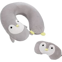 Neck Pillow with Sleeping Mask, Children's Neck Pillow, Travel Pillow, Cute Animal Shape, Neck Support Pillow for Children and Adults, Travel in the Car, Plane, Train, Grey Penguin