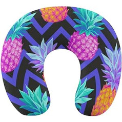 Unique Travel Pillow Compatible with Tropical Neon Pineapple for Airplanes, Car Flights, Comfortable Chin Head Neck Pillow, Supportive U Pillow with Removable Polyester Cover with Zipper