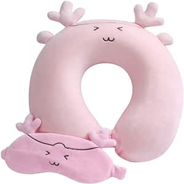 Travel Pillow Neck Pillow Cartoon U-Shaped Neck Pillow Headrest Memory Foam Neck Support Pillow for Children and Adults, Travel in the Car, Aeroplane, Pink with eye mask