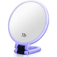 Martvex rankinis veidrodis, 1x15x padidinimas, dvipusis rankinis veidrodis su 1x15x padidinimu ir sulankstoma rankena, nešiojamas kelioninio makiažo rankų veidrodis moterims (violetinė)
