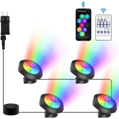 NATPOW Teichbeleleuchtung LED Unterwasser, Unterwasserbeleuchtung RGB Teichlicht mit Fernbedienung Bluetooth APP, IP68 wasserdicht, Farbwechsel Gartenbeleuchtung für Garten, Patio, Baum(4 in 1)