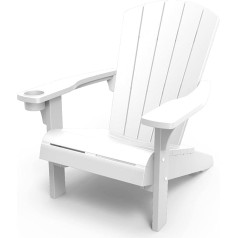 Keter Alpine Adirondack krēsls, āra plastmasas dārza krēsls ar krūzes turētāju, balts, izturīgs pret laikapstākļiem, amerikāņu dizaina klasika, dārzam, terasei un balkonam, 93 x 81 x 96,5 cm