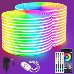 Segrass neona LED lentes 30 m, tālvadības pults, aplikācijas vadība, IP65 ūdensizturīga elastīga neona RGB LED lente, 24 V LED lente, izmantojama guļamistabas un āra dekorēšanai (2 ruļļi pa 15 m)