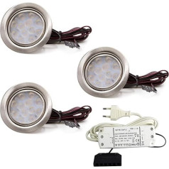 vislux 3 LED mēbeļu lampu komplekts Iebūvējamās prožektoru lampas Nerūsējošais tērauds Matēts plakans 3 W Silti balta 3200 K 200 lm 12 V + 15 W LED transformators 230 V viesistabai, virtuvei un vannas istabai