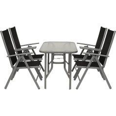 DEGAMO Ravenna 5-Piece Set 4x Aluminium Folding Chairs Multiple Adjustable Black 1x Glass Table 70 x 120 cm