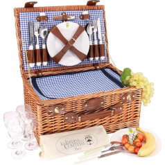 Les Jardins de la Comtesse Pique Nique Marly Basket - Vichy Fabric - Complete - 4 People - Cooling Compartment - Ceramic Plate and Glass Wine Glasses - 46 x 31 x 20 cm