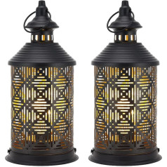 JHY DESIGN 2 metāla galda lampu komplekts, ar akumulatoru, 27 cm H, bezvadu lampas, Vintage lauku mājas laternu dekori ar Edisona spuldzīti viesistabai, guļamistabai, ballītēm, dārzam, āra telpām (melns)