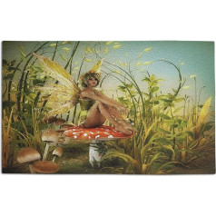 Lunarable Kinder-Fußmatte Little Fairy Elf mit Flügeln auf Fliege, Agaric Pilz im verzauberten Wald, Kunstdruck, Dekorative Polyester-Fußmatte mit Rutschfester Unterseite, 76,2 x 45,7 cm, Mehrfarbig