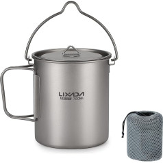 Lixada Camping Cookware, 3 Piece Titanium Cookware Set, 750 ml Pot, 420 ml Water Cup with Lid, Foldable Handle, Foldable Spork for Outdoor Activities, Backpacking, 750 ml Pot