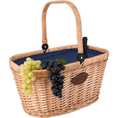 Les Jardins de la Comtesse - Chantilly Natural Wicker Basket - Izolēta kaste - pastaigu vai piknika kaste - Salokāms rokturis - Zils audums - 48cm x 29cm x 27cm